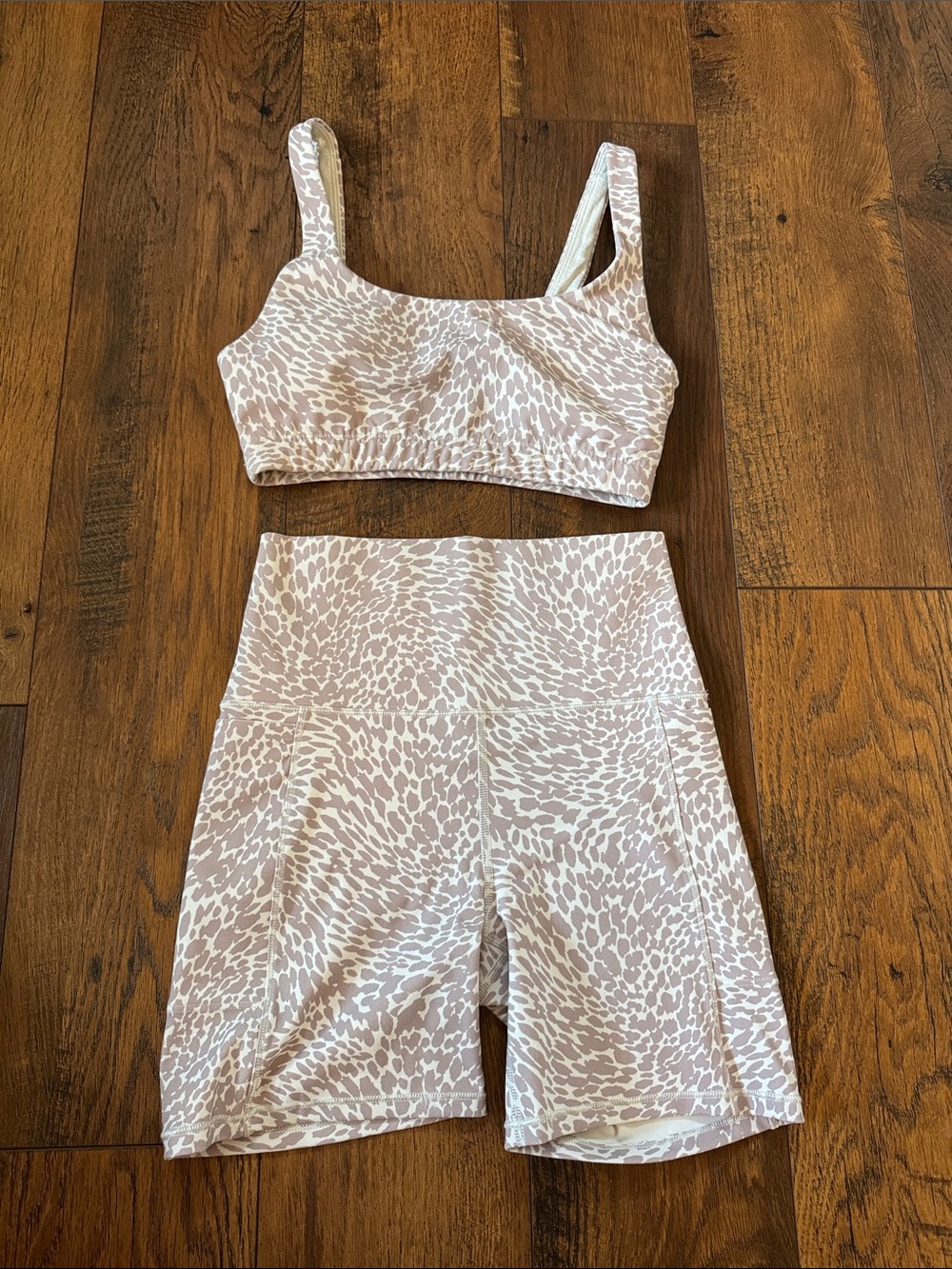 Vuori Neutral Animal-Print All The Form Bra & High-Waist Bike Pocket Shorts Set